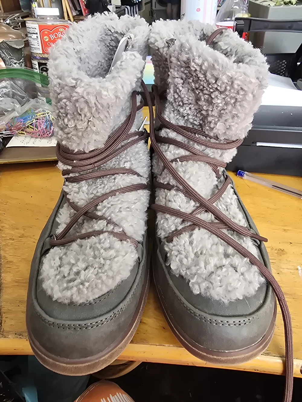 SM New York Gray Faux Shearling Lace-Up Winter Boots with Brown Laces